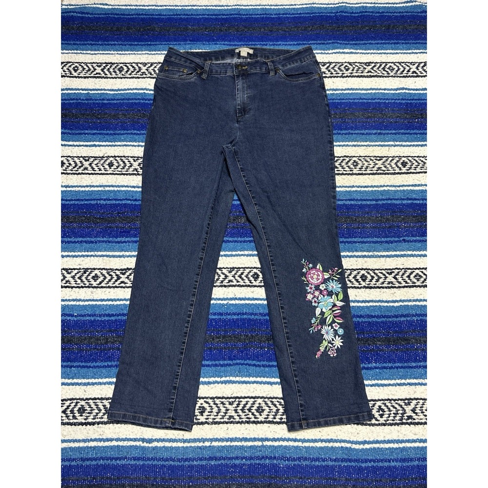 Woman Within Jeans Womens 14W Dark Wash Floral Embroidered Straight Leg Denim